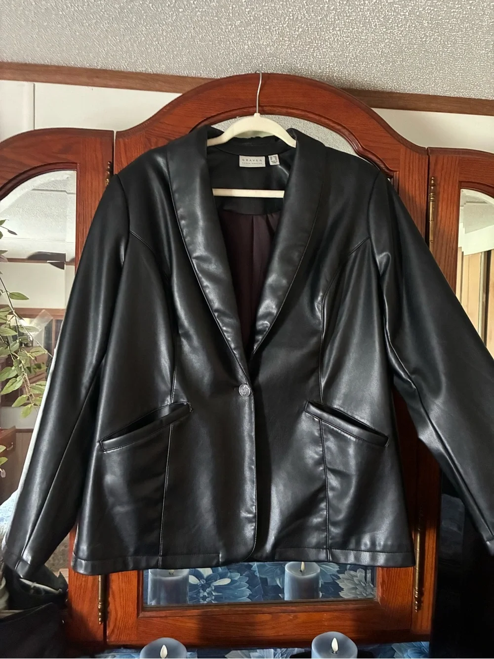 Susan Graver Black Faux Leather Blazer with Shawl Lapel